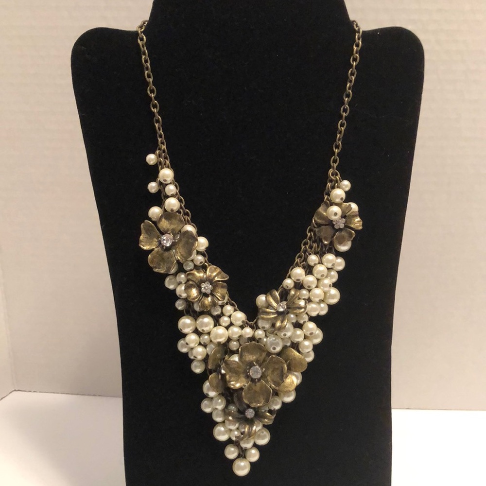 Mid century CLCM Pearl Rhinestone Bib Necklace